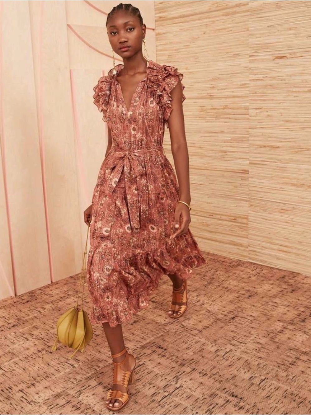 ULLA JOHNSON Rust Floral Ruffle Midi Dress with Tie Waist